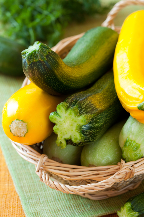 Various colors of zucchini fruit in a basket