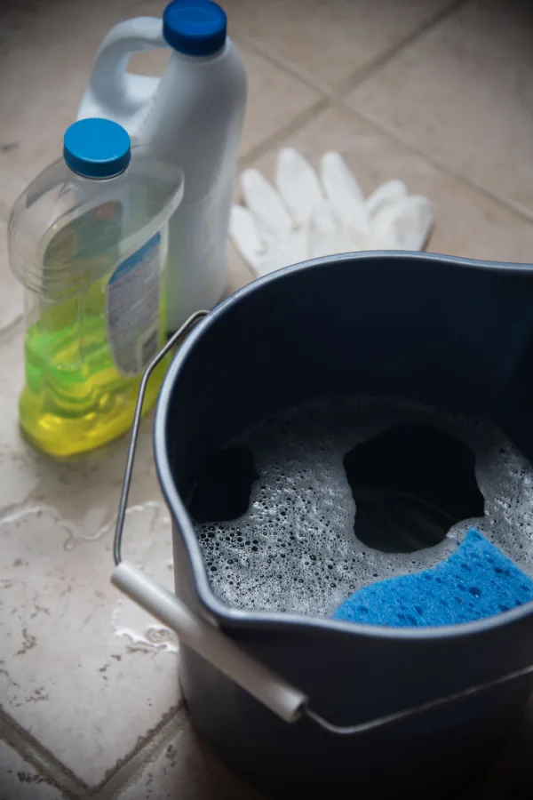 A bucket of cleaning solution ready to be used on garden tools. 