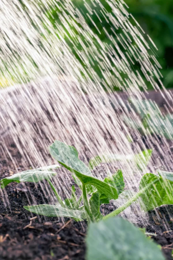 A young squash plant getting watered - avoid powdery mildew in the spring