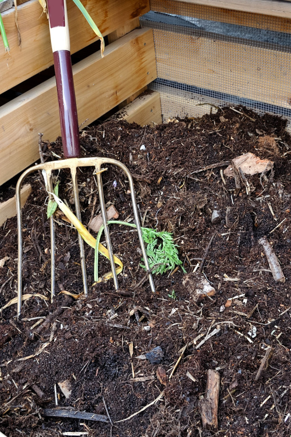A pitchfork in a compost pile