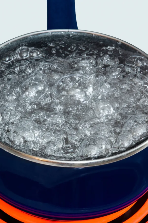 A pot of boiling water on an electric stove.