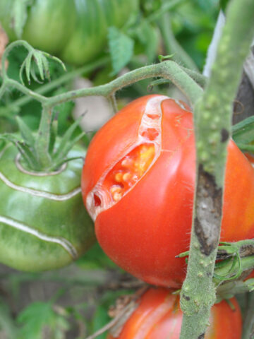 Tomatoes experiencing splitting in two different ways.