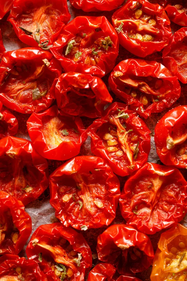 Dehydrated cherry tomatoes on a pan