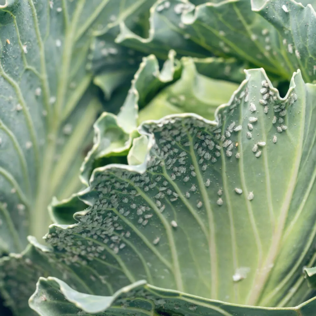 Whiteflies all over a cabbage plant