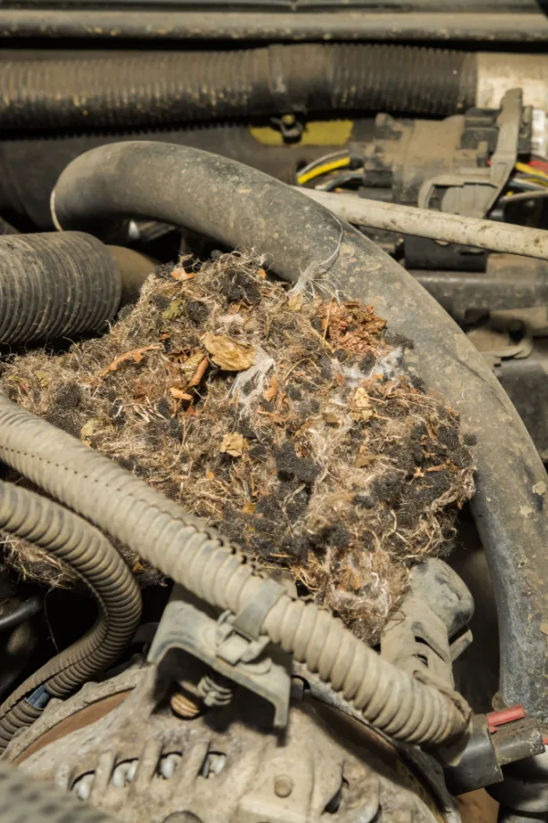 A mouse nest in the engine of a car that has been in a garage 